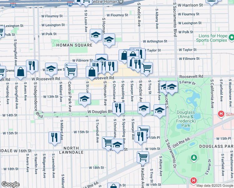 map of restaurants, bars, coffee shops, grocery stores, and more near 1257 South Christiana Avenue in Chicago