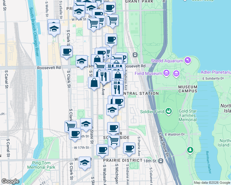map of restaurants, bars, coffee shops, grocery stores, and more near 1325 South Michigan Avenue in Chicago