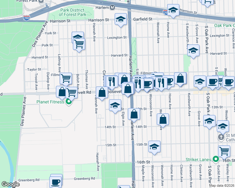 map of restaurants, bars, coffee shops, grocery stores, and more near 7231 Roosevelt Road in Forest Park