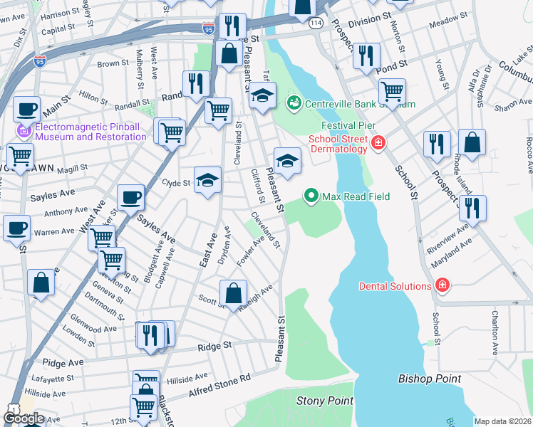 map of restaurants, bars, coffee shops, grocery stores, and more near 9 Shoreham Court in Pawtucket