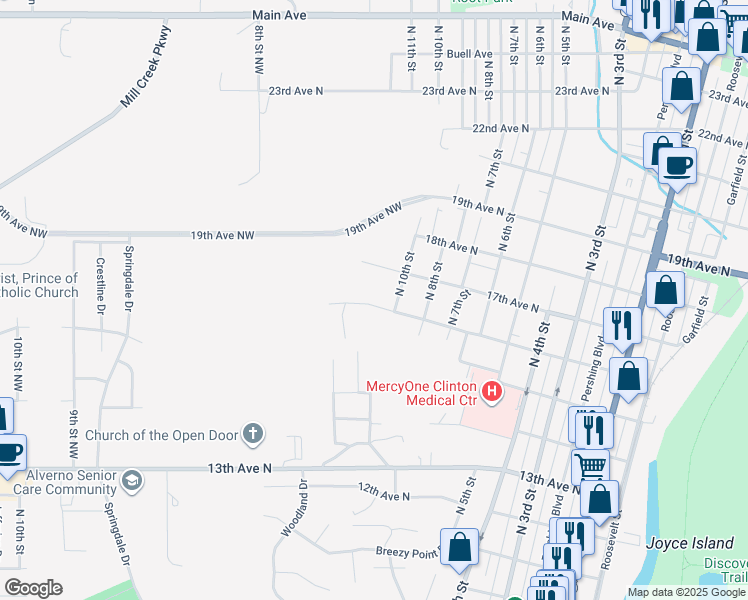 map of restaurants, bars, coffee shops, grocery stores, and more near 1140 16th Avenue North in Clinton