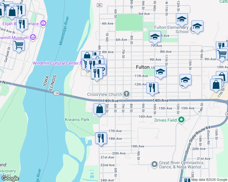 map of restaurants, bars, coffee shops, grocery stores, and more near 519 13th Avenue in Fulton