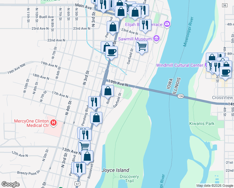 map of restaurants, bars, coffee shops, grocery stores, and more near 1817 Garfield Street in Clinton