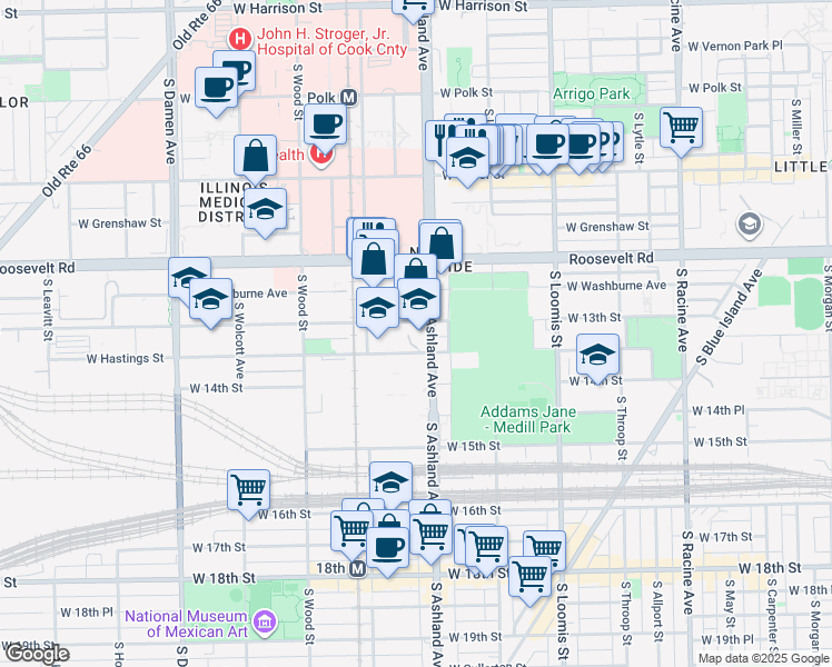 map of restaurants, bars, coffee shops, grocery stores, and more near 1636 West 13th Street in Chicago