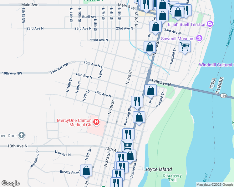 map of restaurants, bars, coffee shops, grocery stores, and more near 1719 North 4th Street in Clinton
