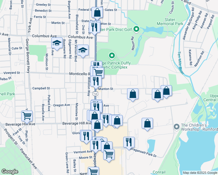 map of restaurants, bars, coffee shops, grocery stores, and more near 14 Camac Street in Pawtucket