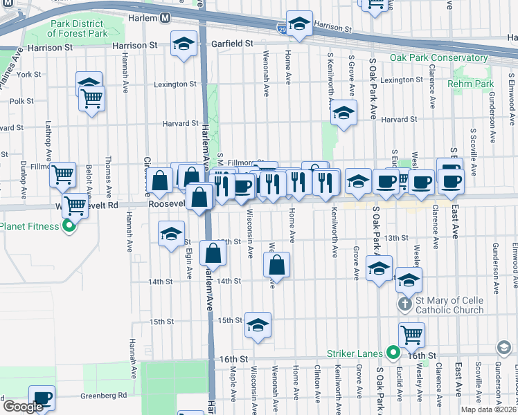 map of restaurants, bars, coffee shops, grocery stores, and more near 7039 Roosevelt Road in Berwyn