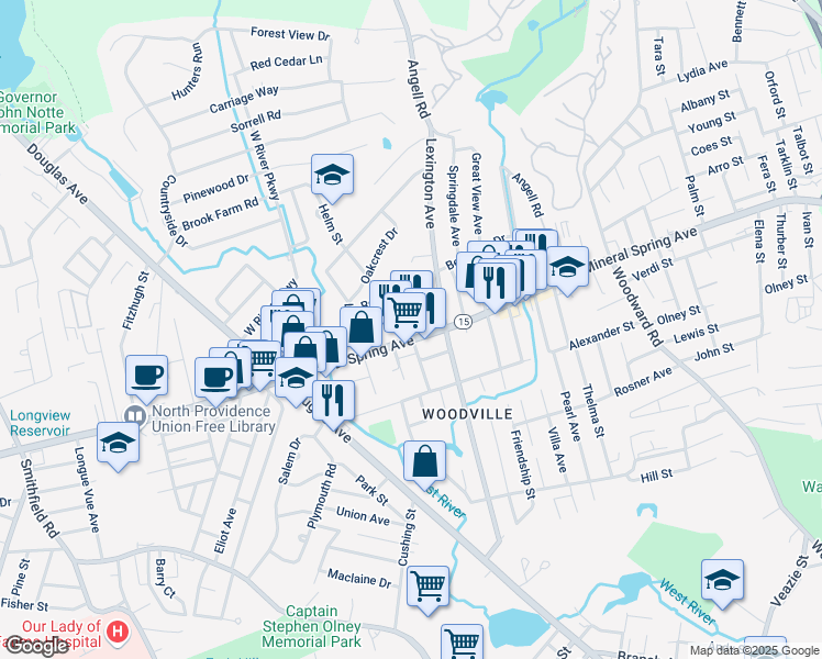 map of restaurants, bars, coffee shops, grocery stores, and more near 1565 Mineral Spring Avenue in North Providence