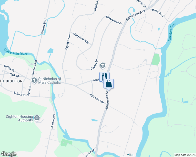 map of restaurants, bars, coffee shops, grocery stores, and more near 7 1/2 South Street in Taunton