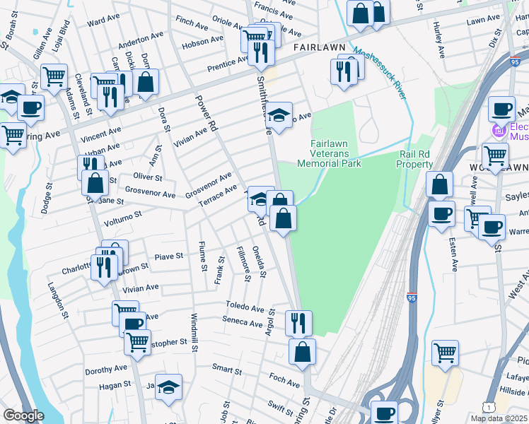map of restaurants, bars, coffee shops, grocery stores, and more near 165 Power Road in Pawtucket