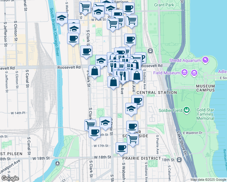 map of restaurants, bars, coffee shops, grocery stores, and more near 1301 South State Street in Chicago