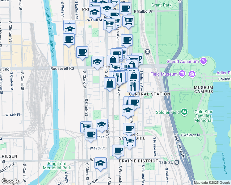 map of restaurants, bars, coffee shops, grocery stores, and more near 1327 South Wabash Avenue in Chicago