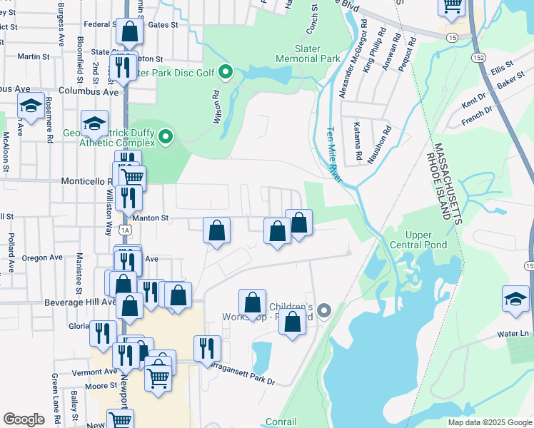 map of restaurants, bars, coffee shops, grocery stores, and more near 280 Manton Street in Pawtucket