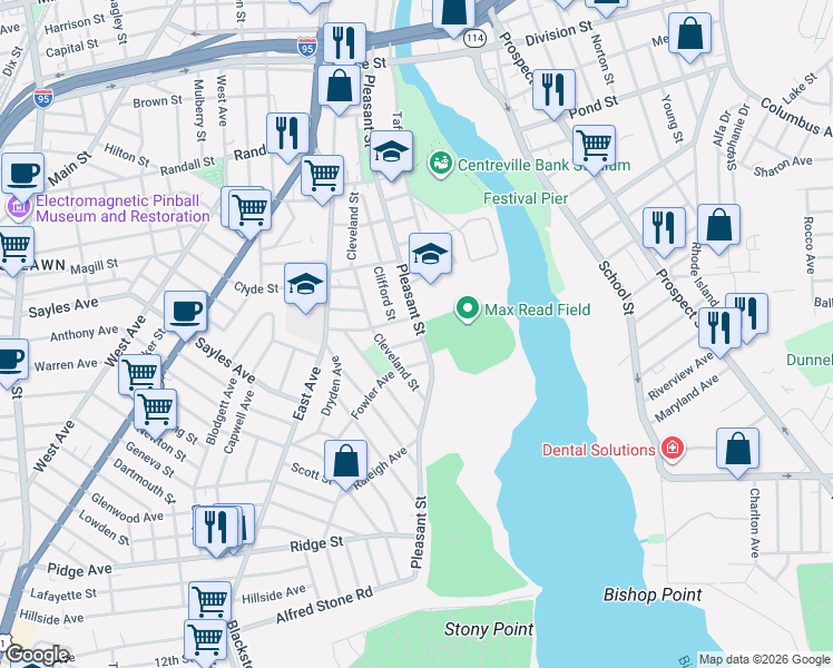 map of restaurants, bars, coffee shops, grocery stores, and more near 515 Pleasant Street in Pawtucket