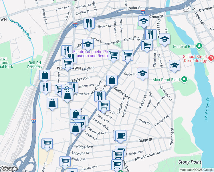map of restaurants, bars, coffee shops, grocery stores, and more near 11 Walker Street in Pawtucket