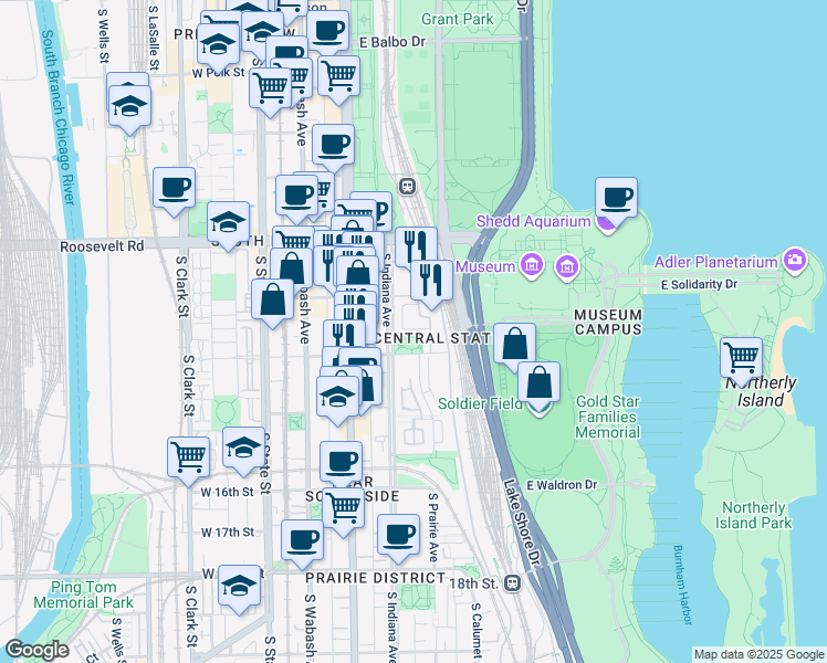 map of restaurants, bars, coffee shops, grocery stores, and more near 1334 South Prairie Avenue in Chicago