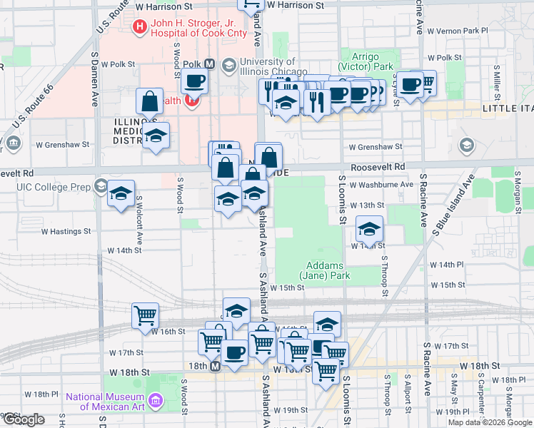 map of restaurants, bars, coffee shops, grocery stores, and more near 1301 South Ashland Avenue in Chicago