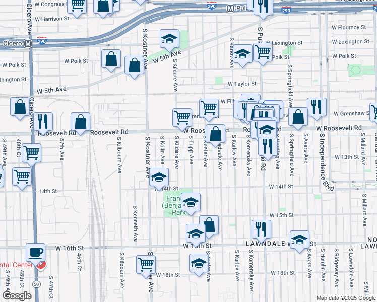 map of restaurants, bars, coffee shops, grocery stores, and more near 1237 South Kildare Avenue in Chicago