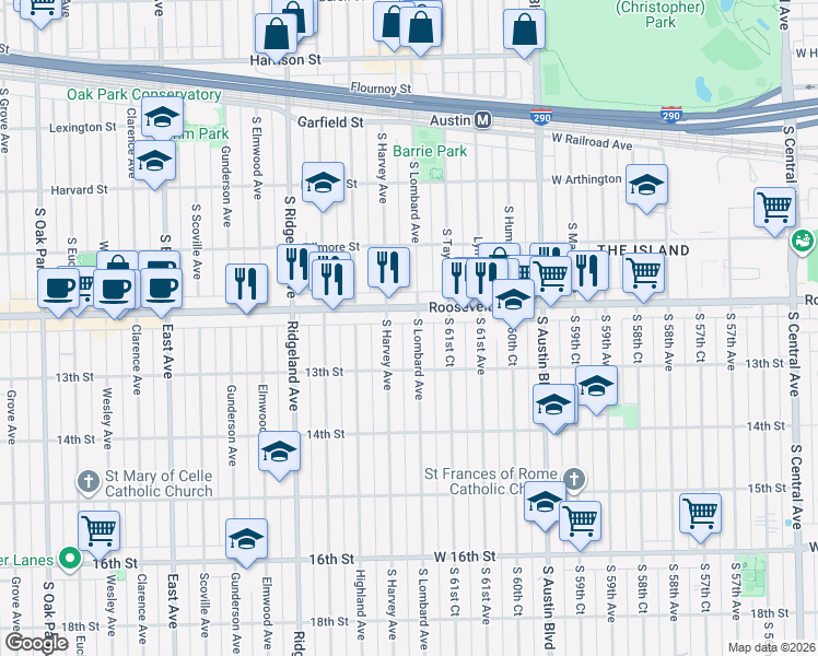 map of restaurants, bars, coffee shops, grocery stores, and more near 6221 Roosevelt Road in Berwyn