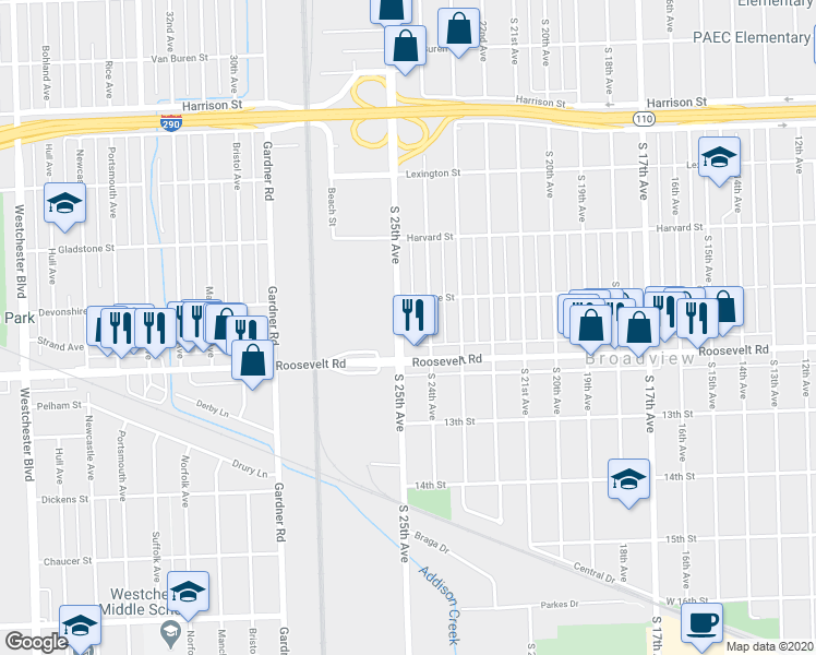 map of restaurants, bars, coffee shops, grocery stores, and more near 2113 South 25th Avenue in Broadview