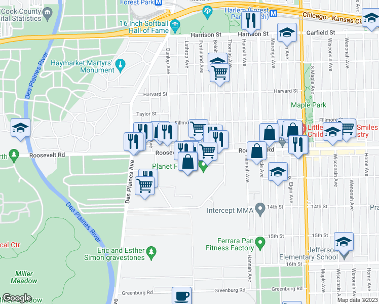 map of restaurants, bars, coffee shops, grocery stores, and more near W Roosevelt Rd & Lathrop Ave in Forest Park