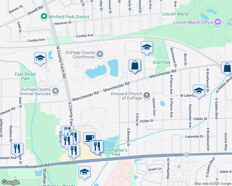 map of restaurants, bars, coffee shops, grocery stores, and more near 130 North Hazelton Avenue in Wheaton
