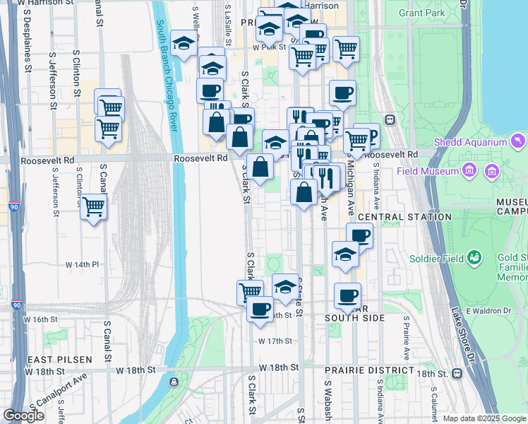 map of restaurants, bars, coffee shops, grocery stores, and more near 1338 South Federal Street in Chicago
