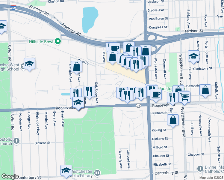 map of restaurants, bars, coffee shops, grocery stores, and more near 4207 Edgewater Avenue in Hillside