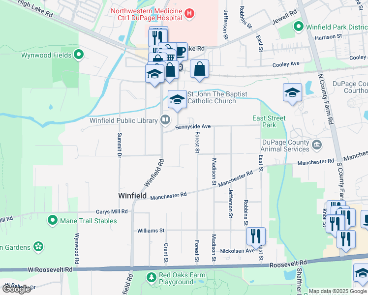 map of restaurants, bars, coffee shops, grocery stores, and more near 0S371 Florida Lane in Winfield