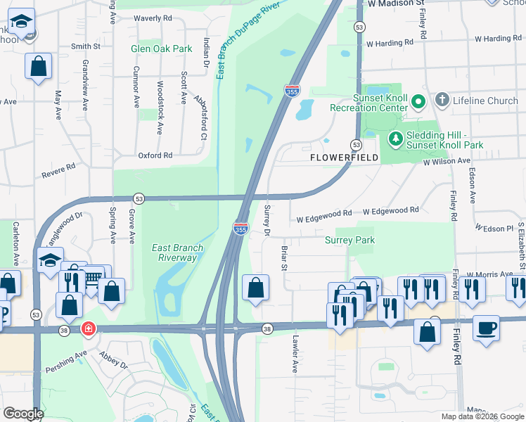 map of restaurants, bars, coffee shops, grocery stores, and more near 1419 Illinois 53 in Glen Ellyn