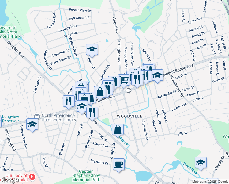 map of restaurants, bars, coffee shops, grocery stores, and more near 1565 Mineral Spring Avenue in North Providence