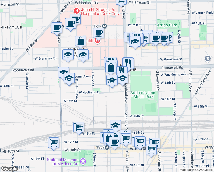 map of restaurants, bars, coffee shops, grocery stores, and more near 1703 West 13th Street in Chicago