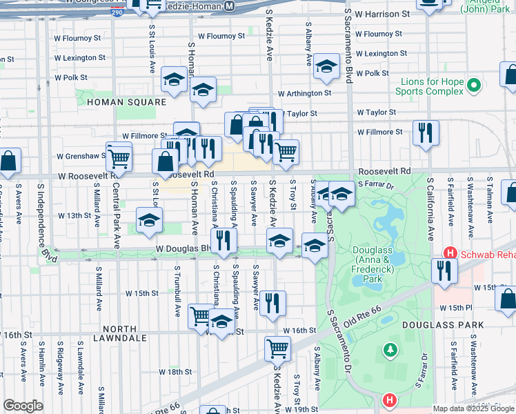 map of restaurants, bars, coffee shops, grocery stores, and more near 1251 South Sawyer Avenue in Chicago