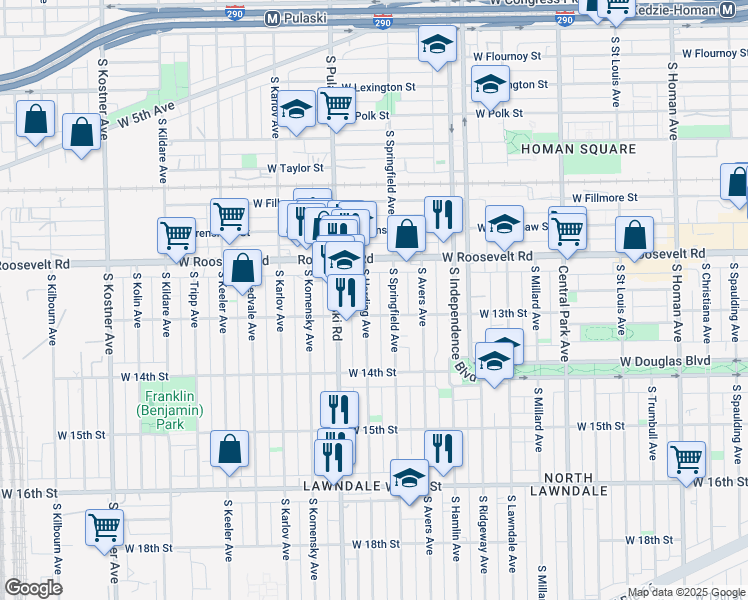 map of restaurants, bars, coffee shops, grocery stores, and more near 1240 South Springfield Avenue in Chicago