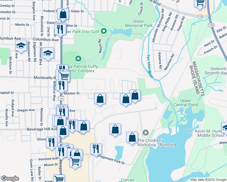 map of restaurants, bars, coffee shops, grocery stores, and more near 242 Manton Street in Pawtucket