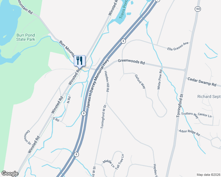 map of restaurants, bars, coffee shops, grocery stores, and more near 107 Hayden Hill Road in Torrington