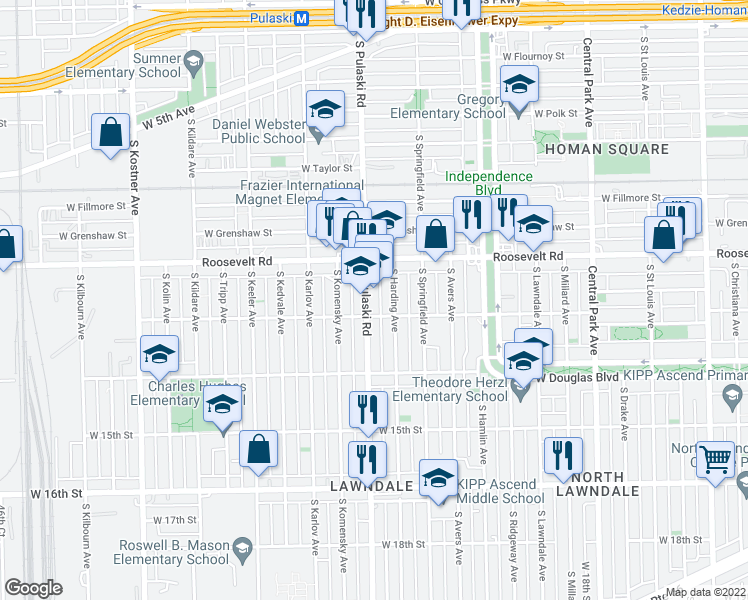 map of restaurants, bars, coffee shops, grocery stores, and more near 1241 South Pulaski Road in Chicago