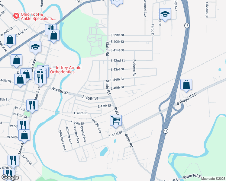 map of restaurants, bars, coffee shops, grocery stores, and more near 1922 E 45th St in Ashtabula