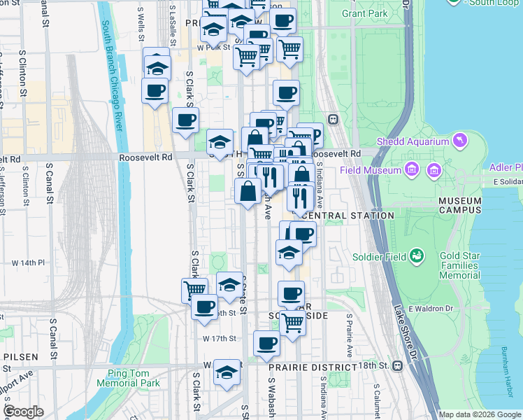 map of restaurants, bars, coffee shops, grocery stores, and more near 1327 South Wabash Avenue in Chicago