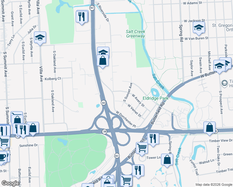 map of restaurants, bars, coffee shops, grocery stores, and more near 500 West Avery Street in Elmhurst
