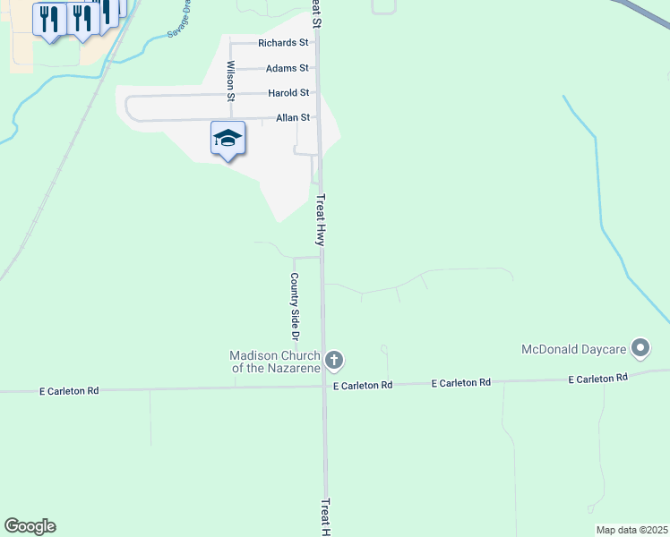 map of restaurants, bars, coffee shops, grocery stores, and more near 3731 Treat Highway in Adrian