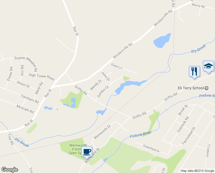 map of restaurants, bars, coffee shops, grocery stores, and more near 55 Gordon Drive in South Windsor