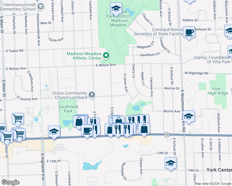 map of restaurants, bars, coffee shops, grocery stores, and more near 612 East Central Avenue in Lombard