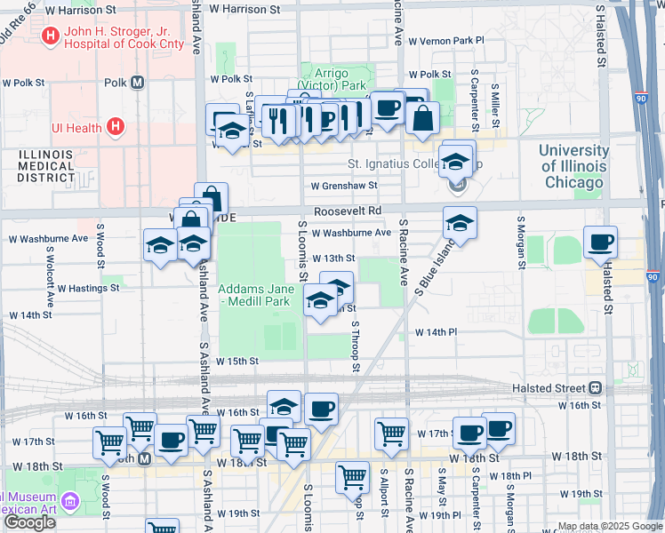 map of restaurants, bars, coffee shops, grocery stores, and more near 1317 West 13th Street in Chicago