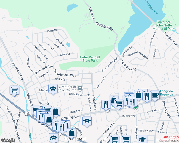 map of restaurants, bars, coffee shops, grocery stores, and more near 8 Century Cir in North Providence