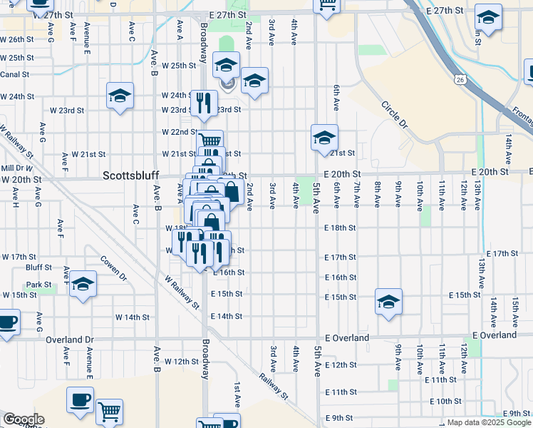 map of restaurants, bars, coffee shops, grocery stores, and more near 1822 3rd Avenue in Scottsbluff