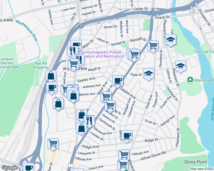 map of restaurants, bars, coffee shops, grocery stores, and more near 11 Walker Street in Pawtucket