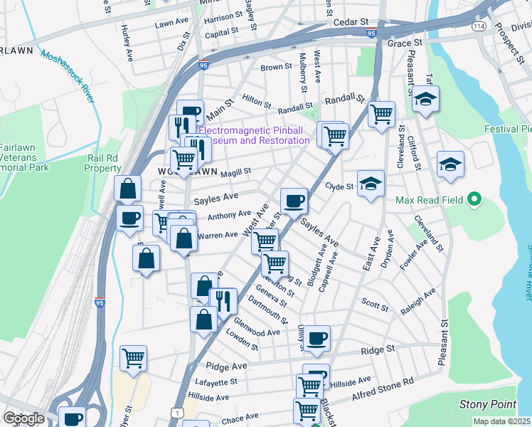 map of restaurants, bars, coffee shops, grocery stores, and more near 11 Walker Street in Pawtucket