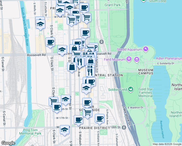 map of restaurants, bars, coffee shops, grocery stores, and more near 1325 South Michigan Avenue in Chicago