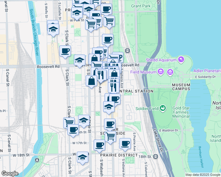 map of restaurants, bars, coffee shops, grocery stores, and more near 1325 South Michigan Avenue in Chicago